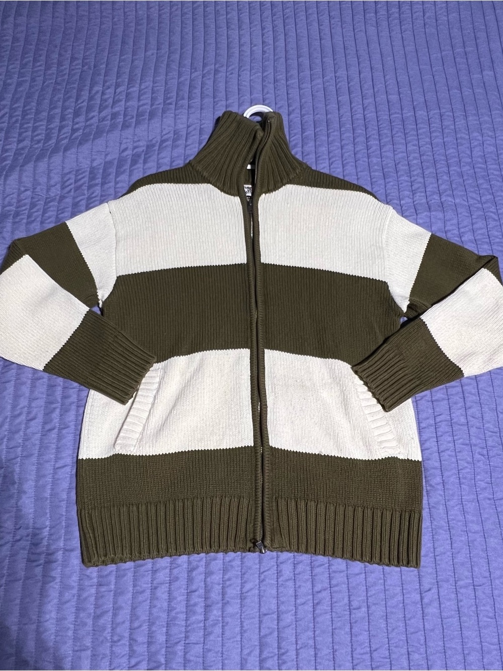 Striped Zip-Front Knit Hoodie in Olive and Cream